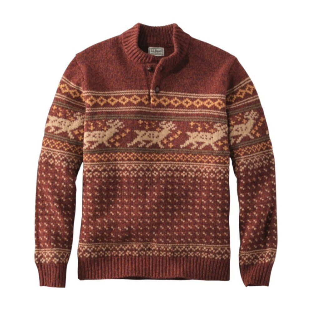 L.L. Bean Classic Ragg Wool Fair Isle Reindeer Henley Sweater - Fits M/S 298260